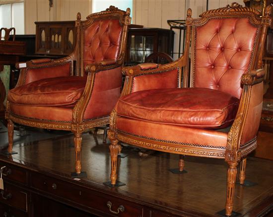 Pair French leather armchairs